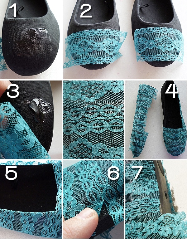 projet de bricolage, customiser des chaussures, deco dentelle bleue sur des escarpins noirs, tutoriel étape par étape