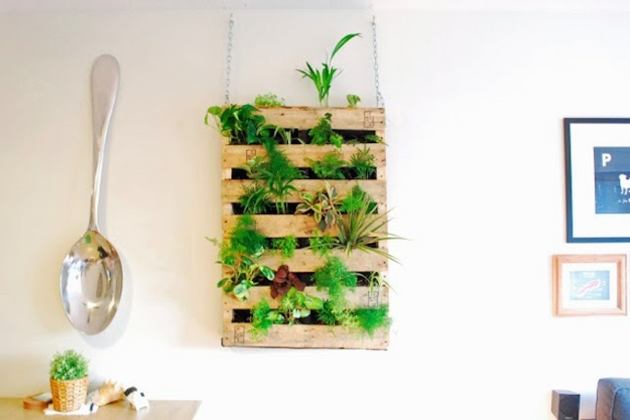 mur vegetal interieure en palette, plantes vertes, grande cuillère décoratif, idée bricolage avec de palettes, plantes vertes, activite manuelle