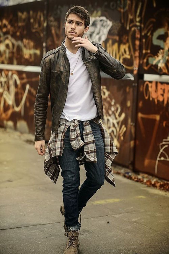 mode homme rock tenue grunge manteau cuir chemise jean