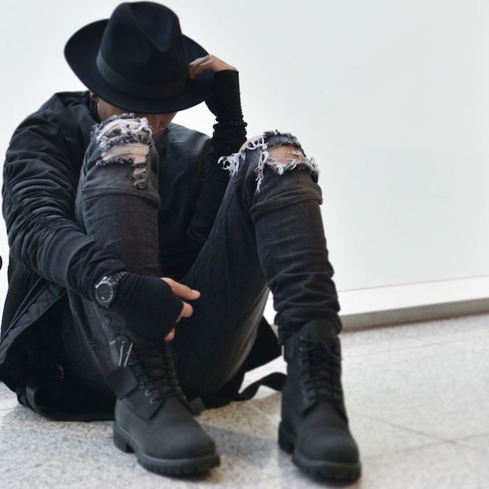 90s tenue grunge mens fashion style homme rock punk noir chapeau clim timberland boots