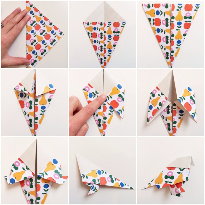 les étapes de pliage papier à suivre pour faire un origami oiseau coloré