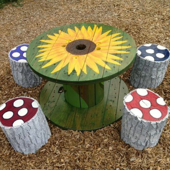 amnagement jardin aire de jeux pour enfants, tabourets en bûche de bois, décoré à pois, table repeinte en vert, dessin motif tournesol