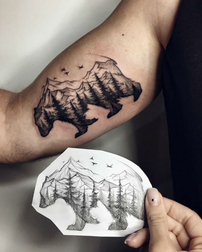 beau tatouage, grand ours et montagne tatoués au bras, paysages de nature sauvage