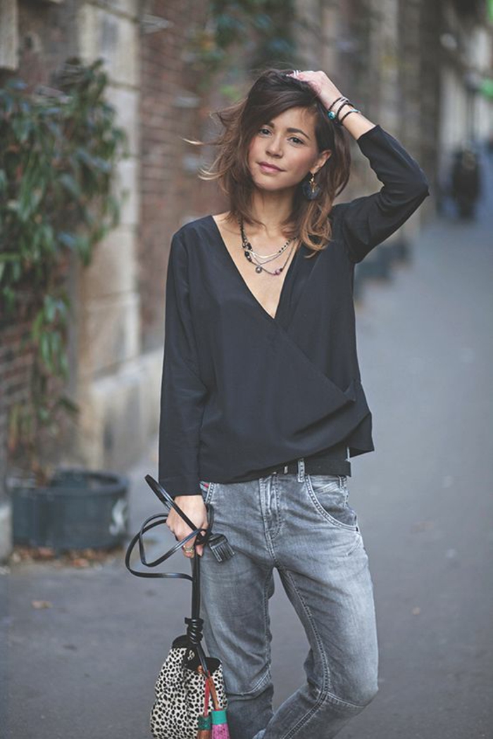 Superbe tenue swag jupe idee tenue classe femme jean gris et top noir
