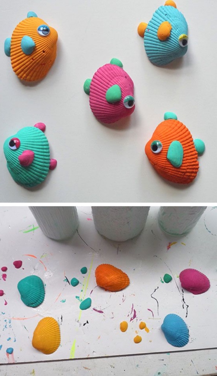 exemple de bricolage enfant, activité manuelle primaire, des coquillages transformés en petits poissons multicolores, exotiques aux yeux mobiles, coquillages peints