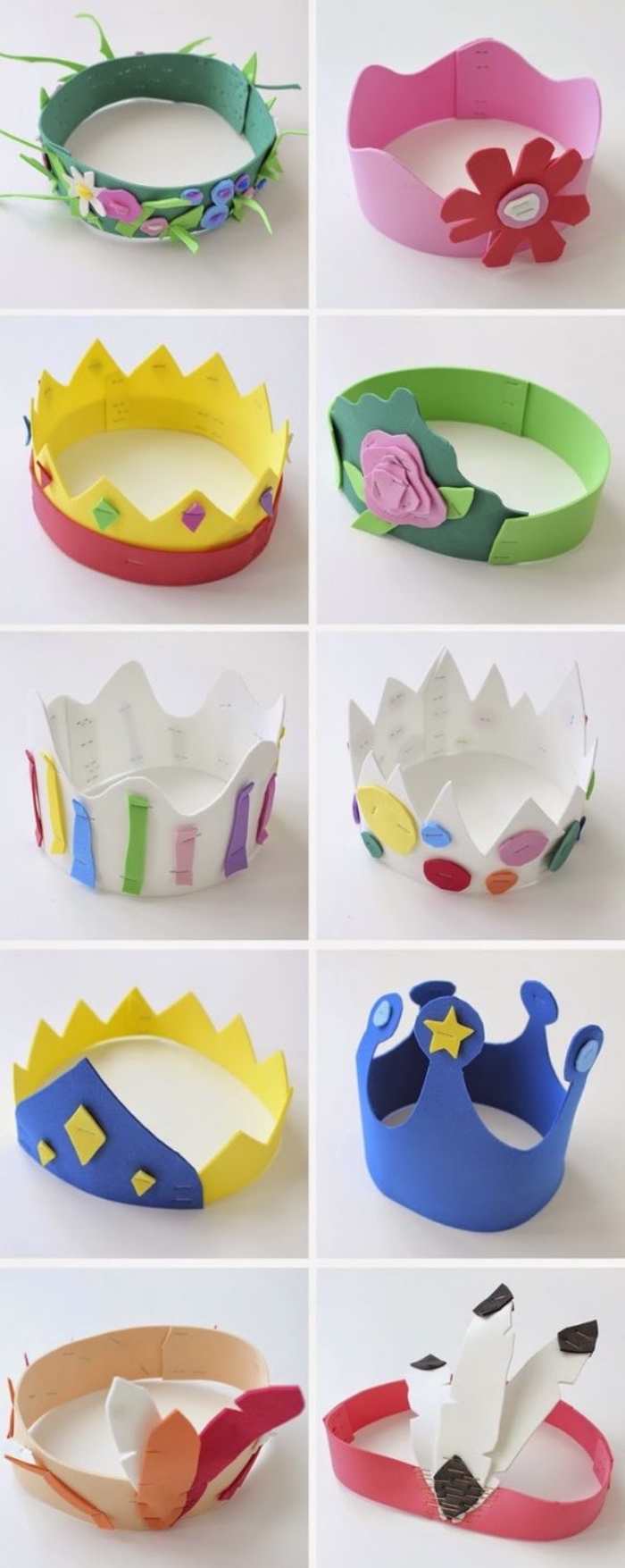 idée activité manuelle primaire, maternelle, des couronnes en papier mousse à mutifs multicolores, petit prince princesse