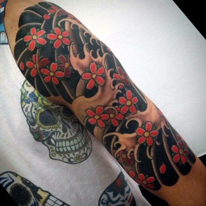 tatouage vague japonaisefleur japonaise moitié bras femme