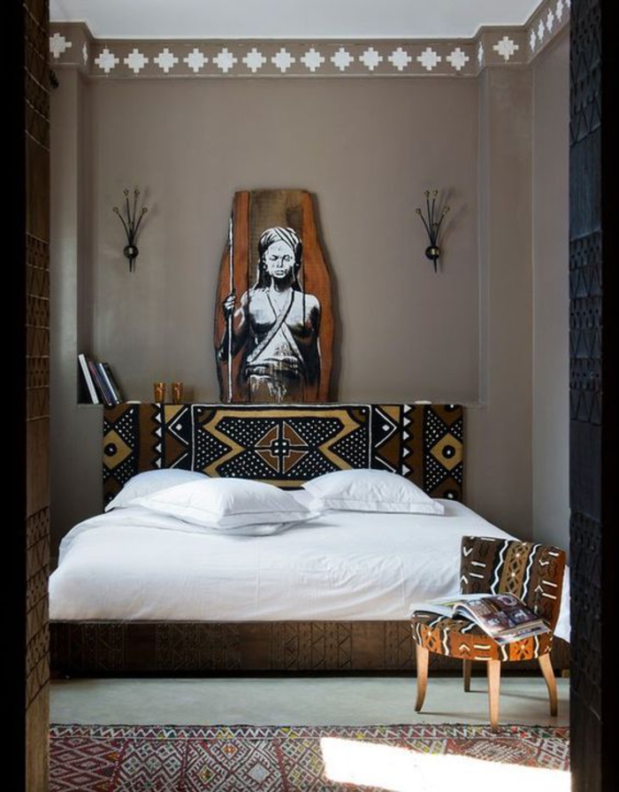une chambre à coucher couleur taype de style africain, déco ethnique chic aux motifs tribaux