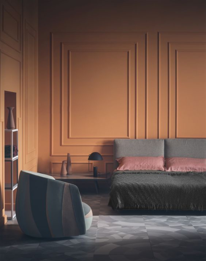 chambre à coucher sophistiqué en gris et couleur sienne,design aux lignes épurées