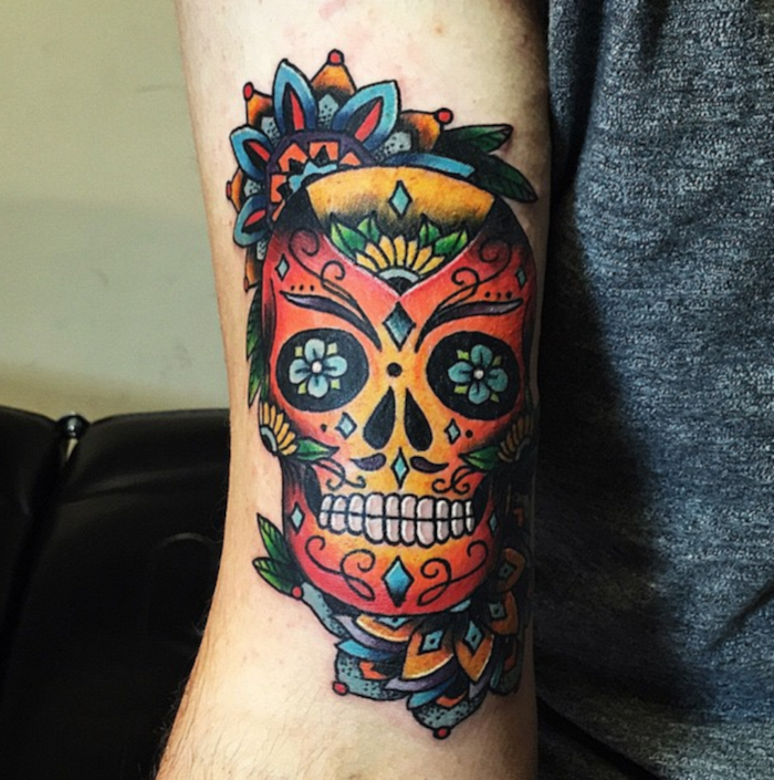 crane mexicain tatouage tete de mort tattoo en couleurs