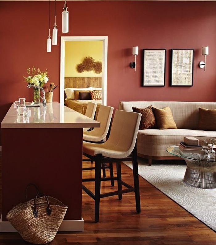 salon aux nuances de couleur terre, peinture couleur sienne qui fait rehausser les meubles en beige au design épuré 