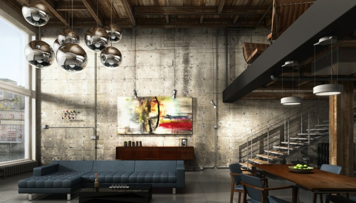 meuble noir et bois, plafond avec poutre, lampes suspendues en métal, chaise en bois, peinture, murs en béton