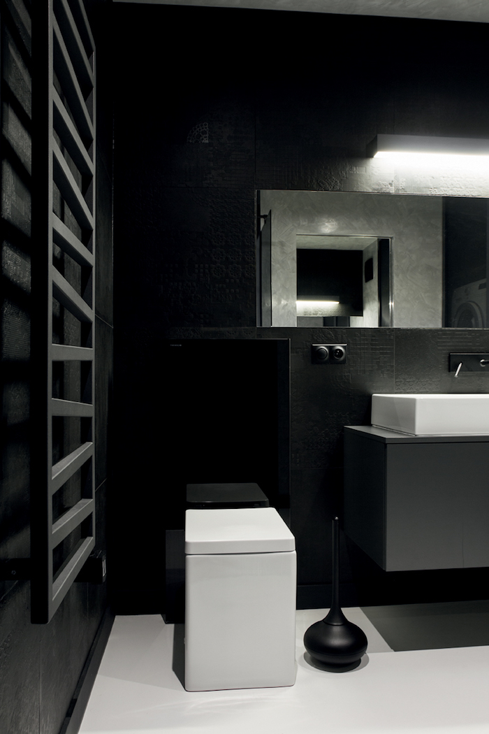 salle de bain moderne, échelle décorative en bois, murs noirs, ambiance masculine, miroir rectangulaire