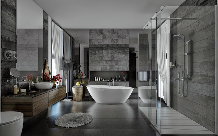 salle de bain moderne, petit tapis gris, cuvette wc céramique, murs gris, plafond blanc