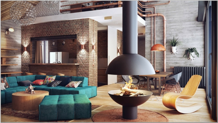 idee deco industrielle, plafond en bois, canapé vert, table basse ronde, cheminée, plantes vertes, pipes apparents