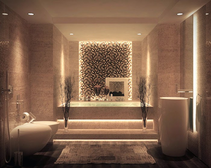 salle de bain zen, cuvette de wc ronde, douche, tapis moelleux, mosaïque, plafond suspendu