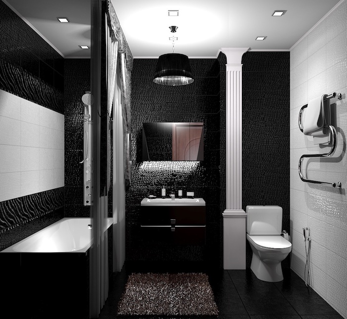 idee salle de bain, déco blanc et noir, dallage noir, plafond blanc, miroir rectangulaire, deco salle de bain