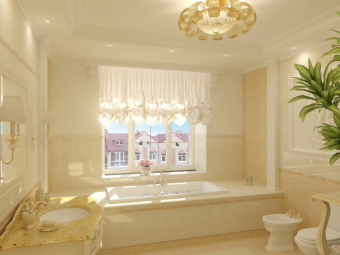 salle de bain moderne, couleurs neutres, bouquet de fleurs rose, dallage beige, plafond avec décoration en plâtre