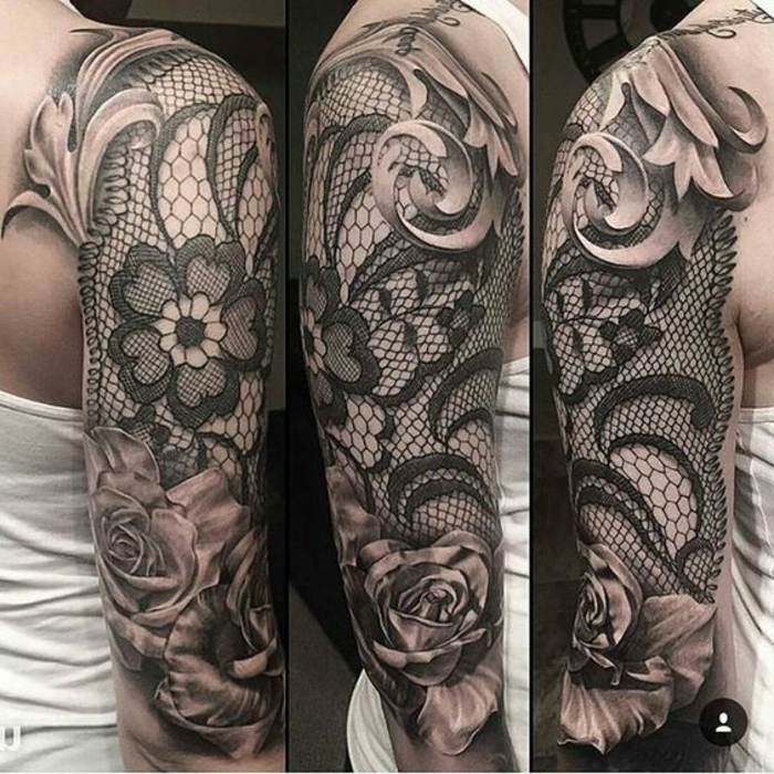 dentelle tattoo, tatouage femme bras, fleurs et dentelle en filet