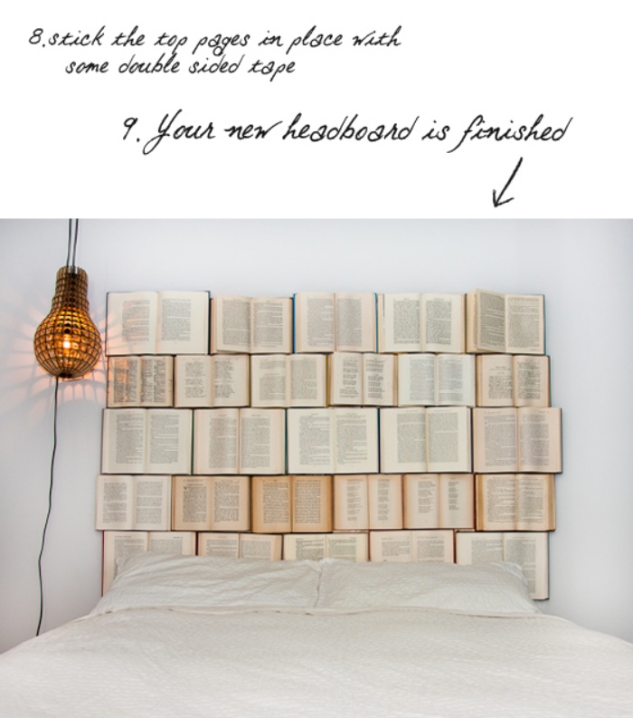 attacher les pages avec du ruban adhésif double face, faire une tete de lit soi meme en livres, lampe, linge de lit blanc