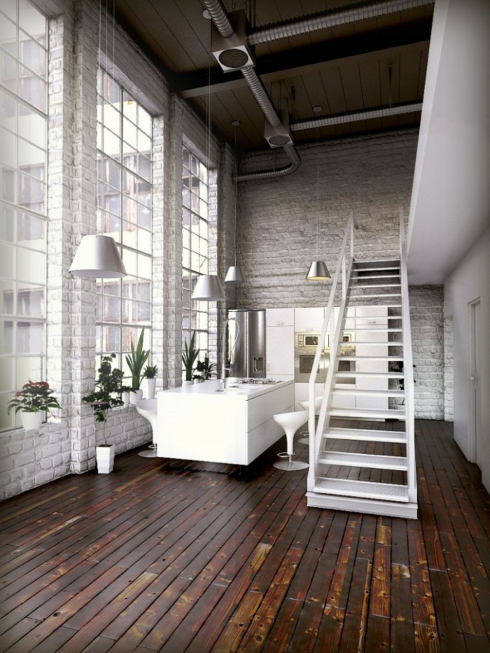 idee deco industrielle, grandes fenêtres, pipes apparents, escalier blanc, commode blanc, lampes suspendues en argent