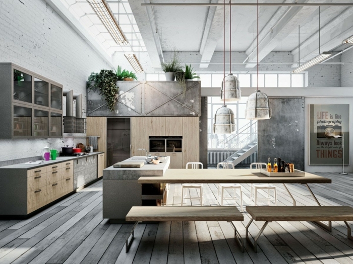 idee deco industrielle, table en bois, plafond blanc, murs en béton, commode de cuisine en bois, murs en briques
