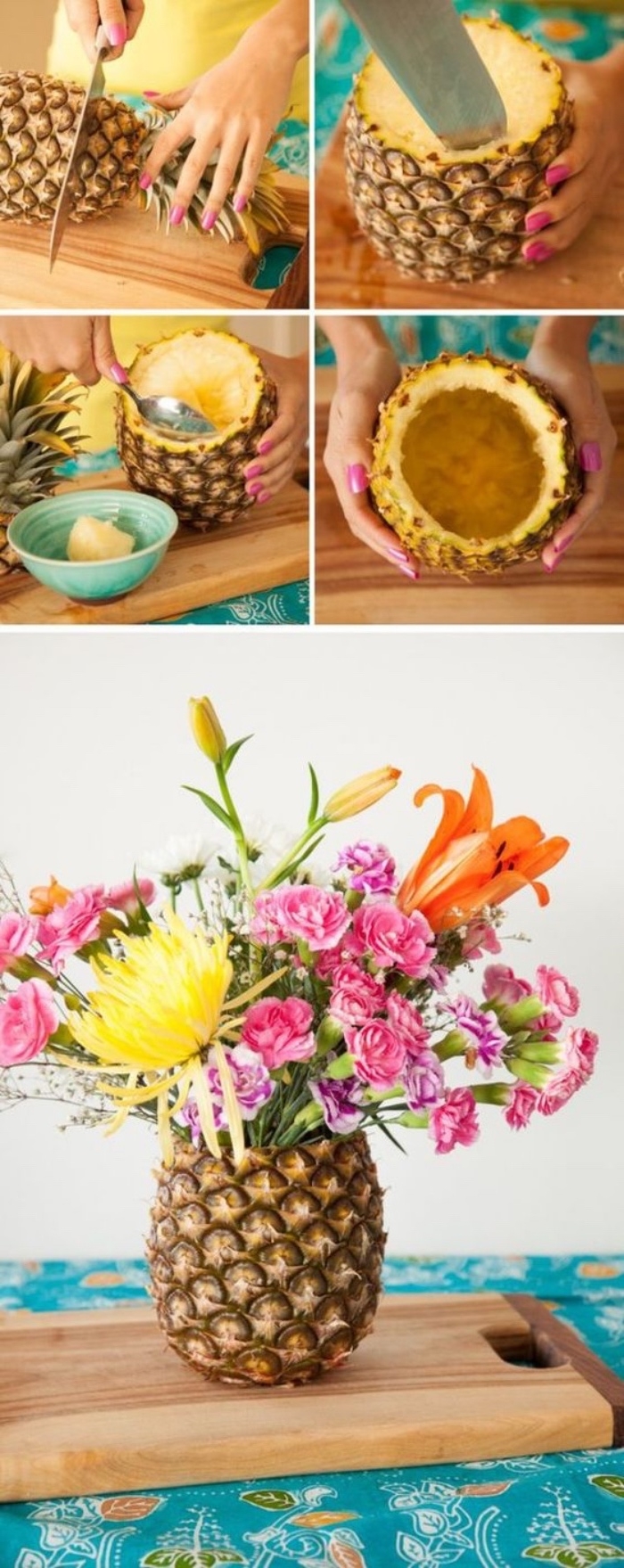 comment évider un ananas avec uen cuillère, bricolage facile un vase de fleur diy dans un fruit tropical, bouquet de fleurs, centre de table exotique