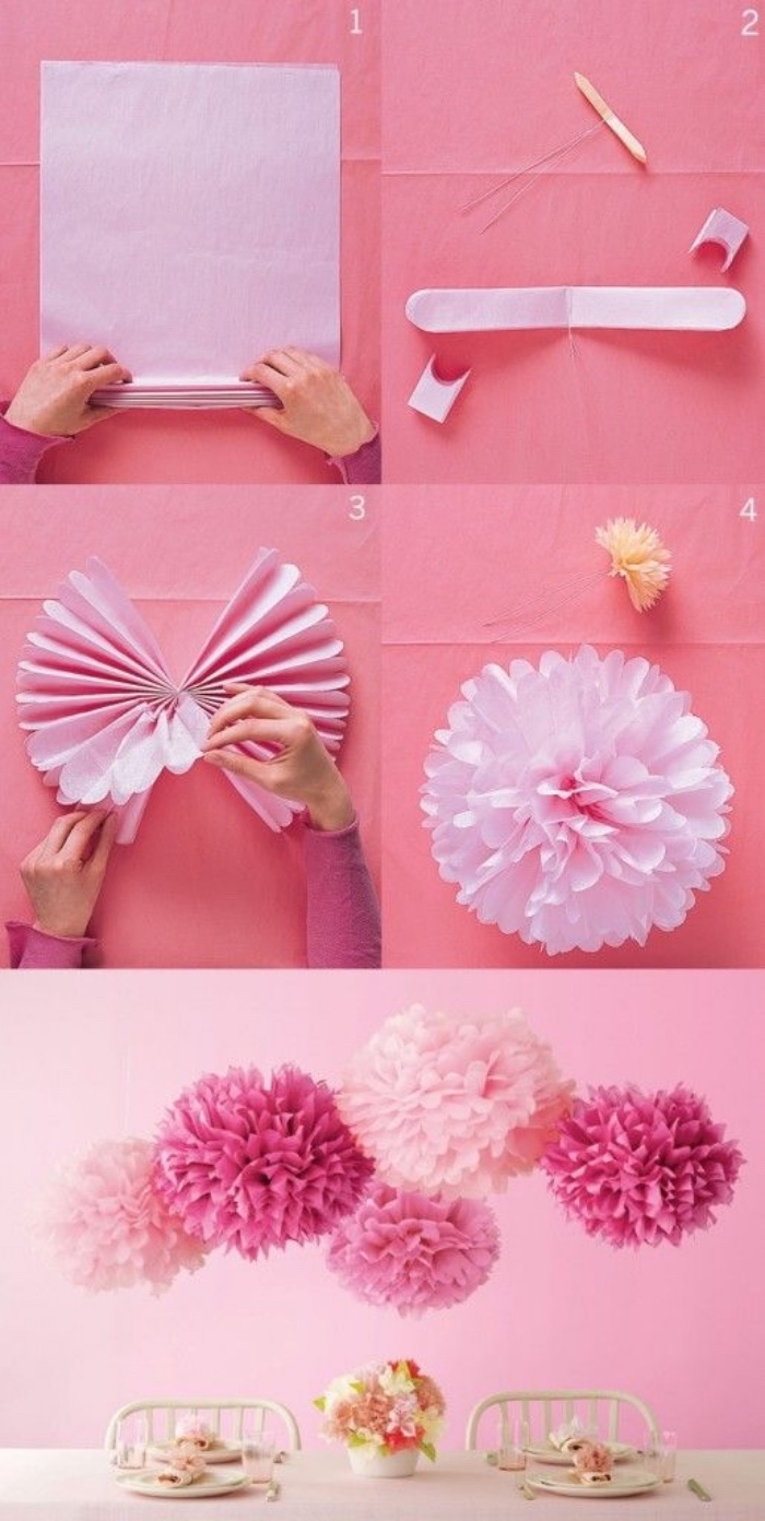 fabriquer une fleur en papier de soie, bricolage facile présenté étape par étape, idée décoration table été
