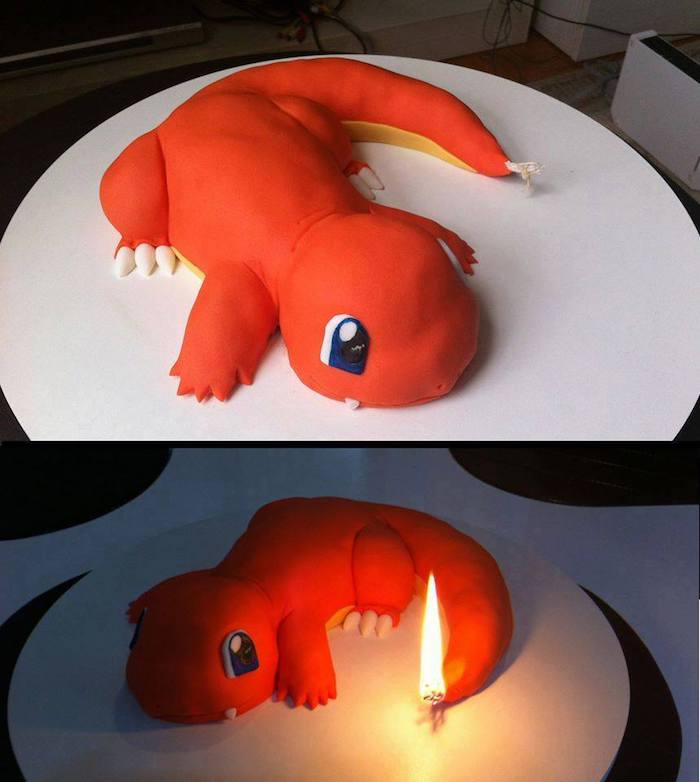 comment faire un gateau, décoration dessert en forme de dino, pokémon rouge, queue en feu, bougies d'anniversaire