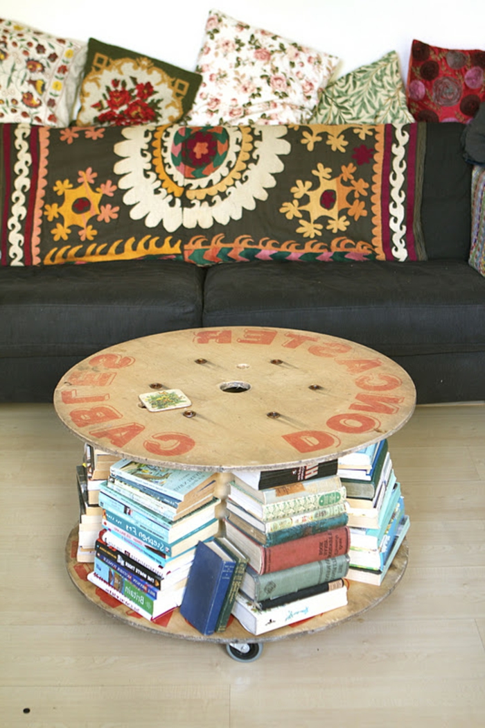 table basse touret à roulettes, rangement pour livres, canapé noir et coussins multicolores, motifs floraux et orientaux