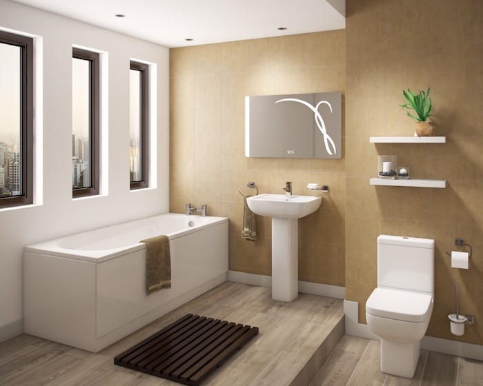 salle de bain moderne, baignoire blanche, dallage imitation bois, plante verte, lavabo céramique