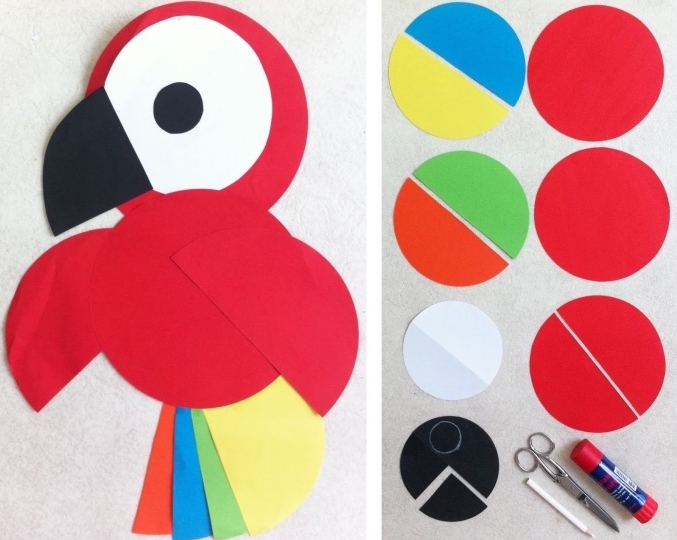 idée activités manuelles pour enfants en primaire, un perroquet en papier, cercles multicolores, bricolage amusant