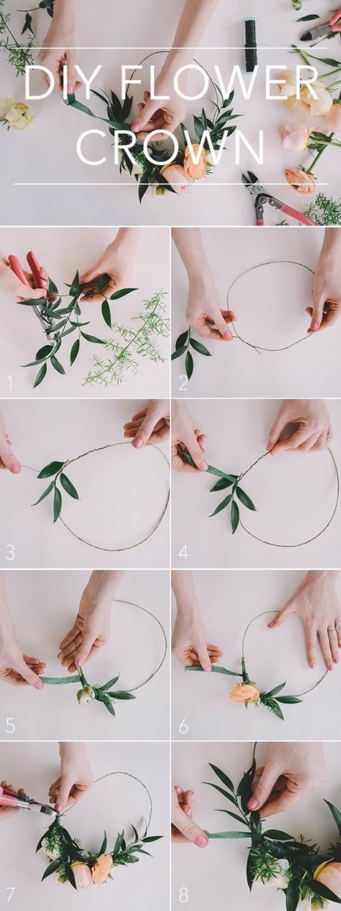 idée de projet de bricolage pour fabriquer une couronne de branches verdie et de fleurs, activite manuelle été