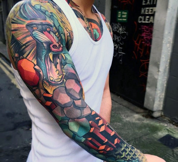 tattoo bras complet couleurs idée tatouage 3d abstrait tete de singe