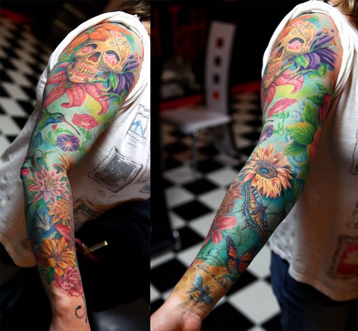 tatouage femme bras complet couleurs tete de mort mexicaine calavera
