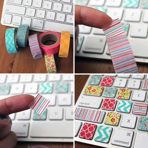 idée comment customiser un clavier avec des bandes de washi tape multicolores, bricolage facile été