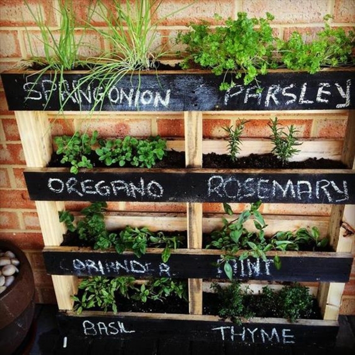 mur vegetal palette, jardiniere palette pour planter des plantes aromatiques, fines herbes, jardin vertical