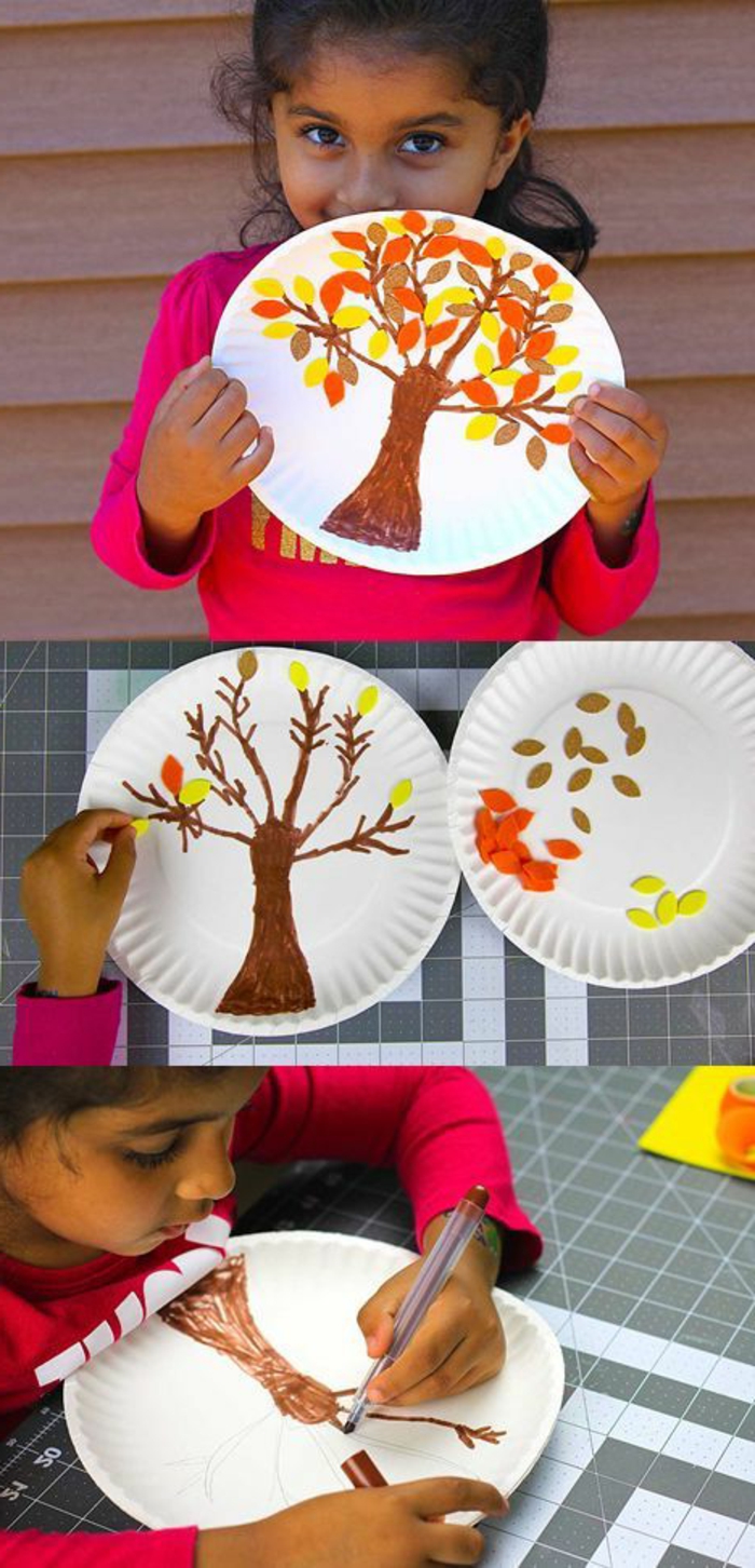un dessin sur assiette en papier réalisé au feutre et feuilles d arbre automnales, idée de bricolage enfant facile