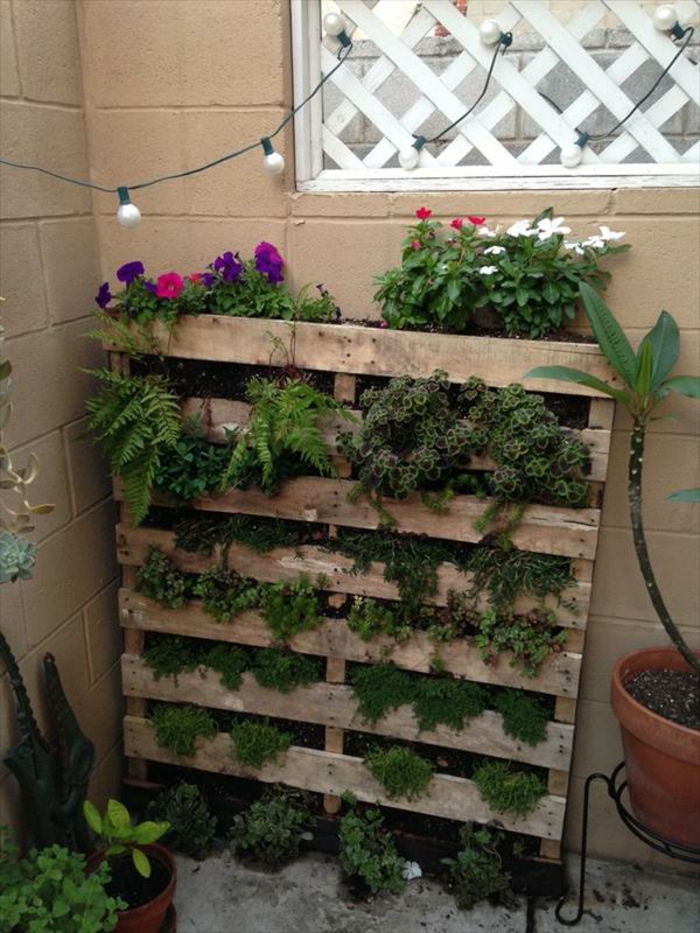 exemple de jardiniere en palette, mur vegetal contre un mur exterieur, des plantes vertes et fleurs colorées