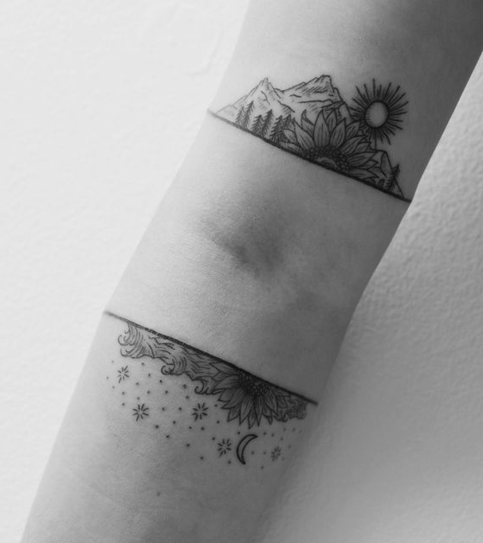 les plus beaux tatouage, montagne, fleur, soleil, lune et étoiles tatoués au bras