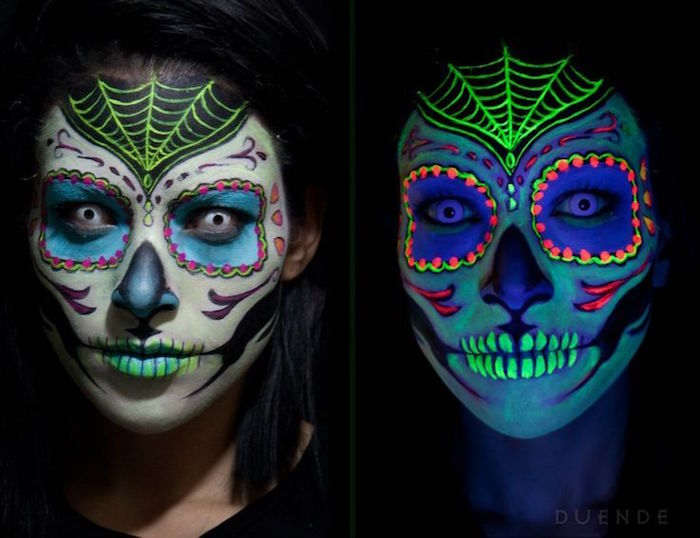 maquillage tete de mort fluorescent couleurs squelette femme