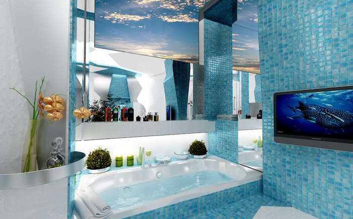 deco salle de bain, dallage bleu marine, téléviseur, bougies vertes, étagère métallique, éclairage salle de bain