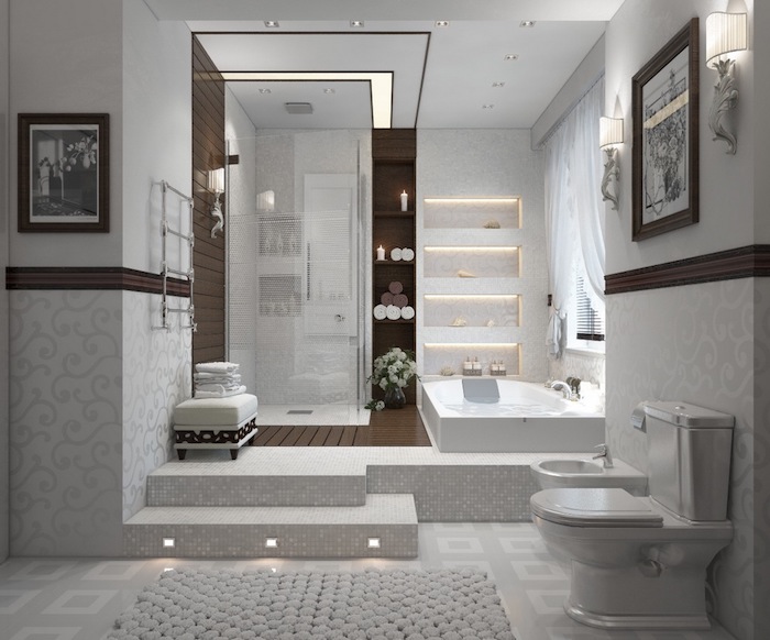 salle de bain design, photo blanc et noir, éclairage led, serviette de bain blanche, cabine de douche