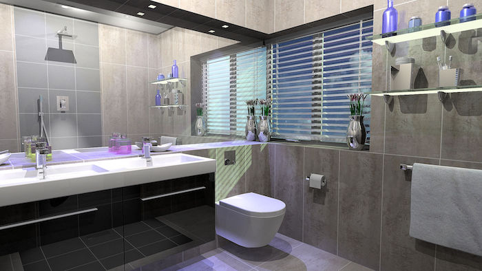 salle de bain design, cuvette wc suspendue, meubles sous vasque noirs, dallage gris, vase métallique