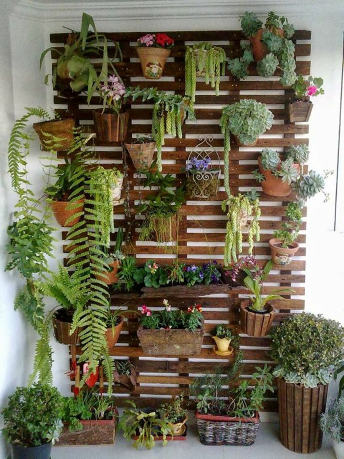 mur vegetal palette, rangement pour pots de fleurs, plantes de genres divers, plantes tombantes, decoration interieure salon