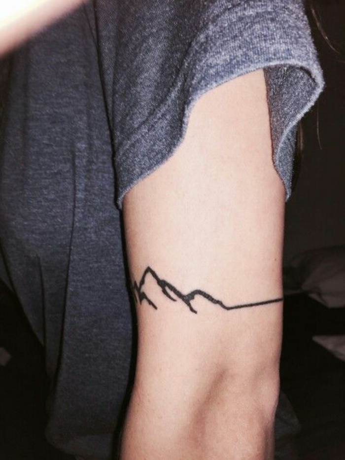 petit tatouage discret, silhouette de montagne, esquisse de montagne stylisée sur la main