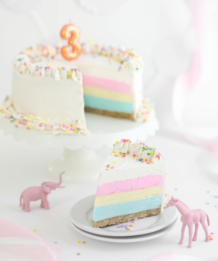 recette originale de gâteau anniversaire façon cheesecake arc-en-ciel