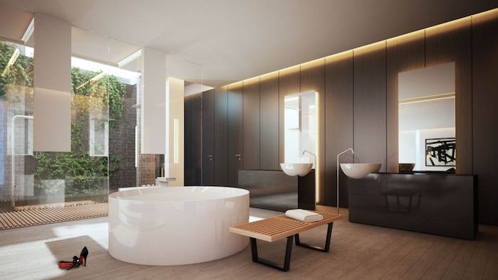 decoration salle de bain, grandes fenêtres, banc en bois, lavabo blanc, îlot noir, plafond blanc