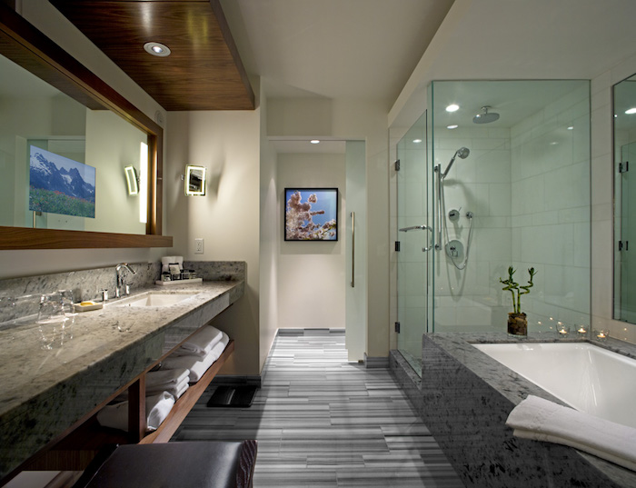 deco salle de bain, cabine de douche, serviette blanche, peintures, plante verte, comptoir marbre