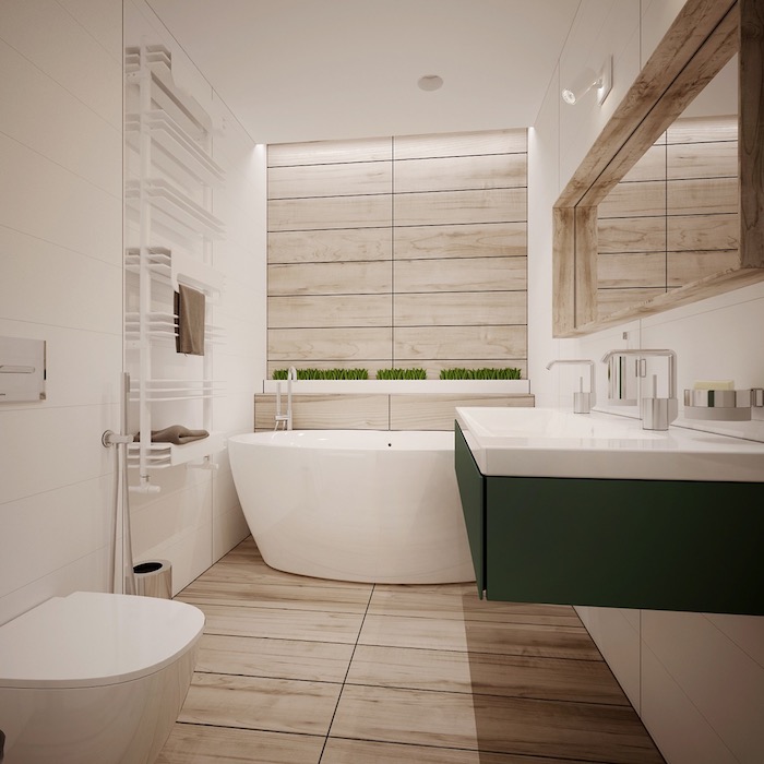 deco salle de bain, ambiance zen, meubles sous vasque verts, étagères blanches, cuvette wc blanche